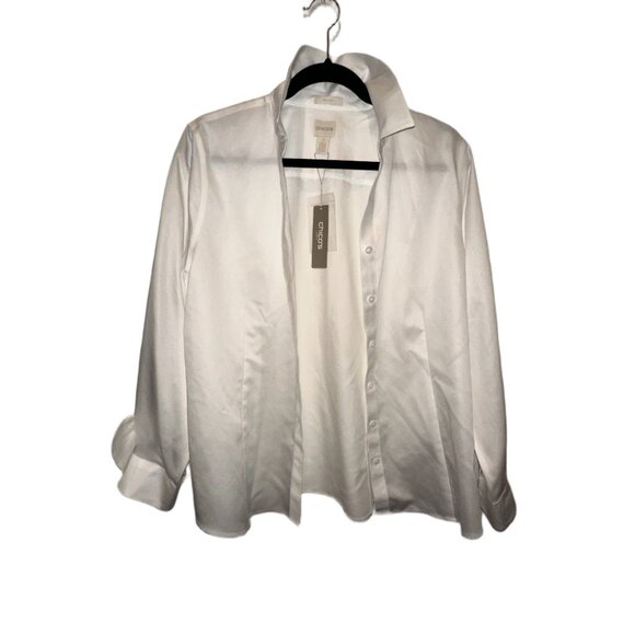 NWT Classic White Satin Button-Up Blouse | Chico's Minimalist Office Shirt Caree - Picture 1 of 4
